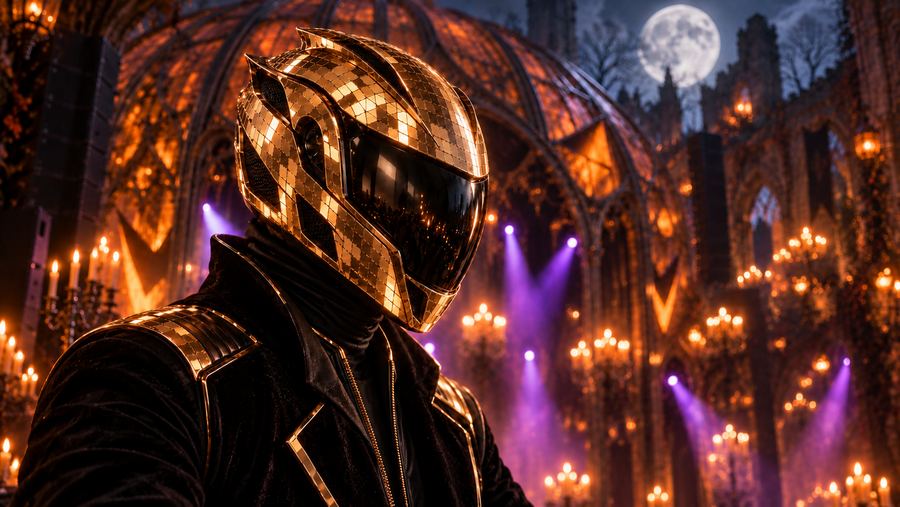 Close view of SYB's gold mirror-tile helmet and black visor beside a purple light beam in a candlelit castle.