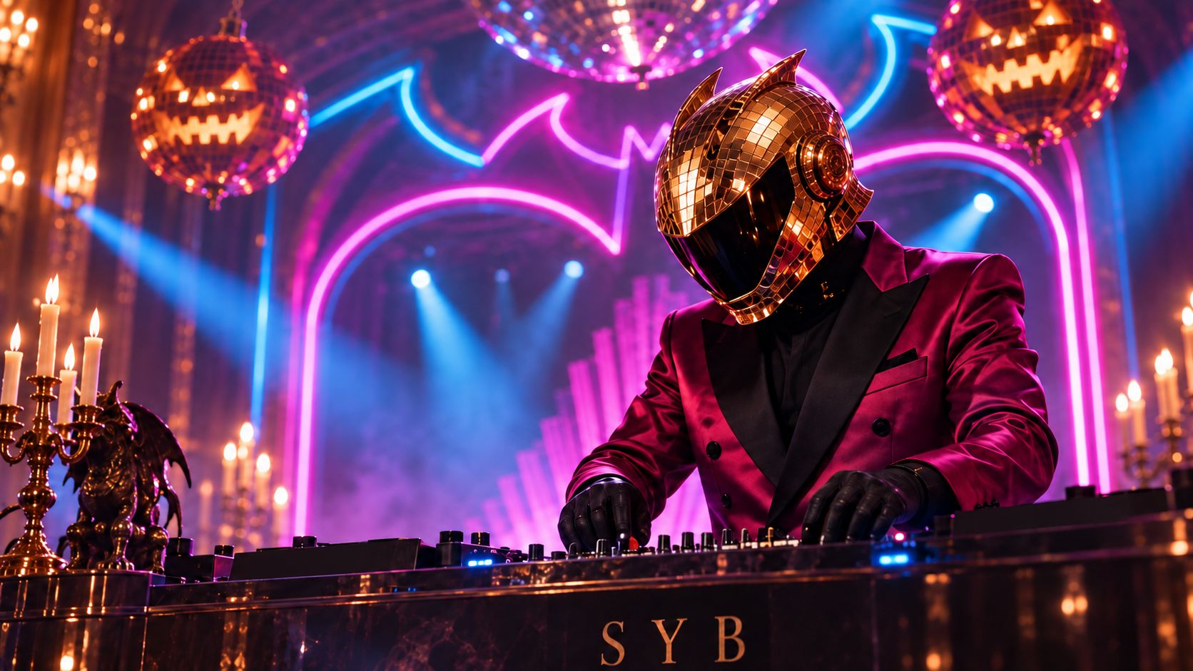 SYB in a gold mirror-tile helmet and a magenta satin jacket at the decks, a neon bat arch and a mirror ball behind.
