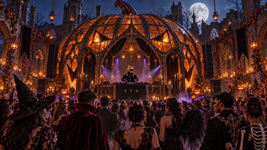 The castle conservatory of the Halloween House Mix, a glass pumpkin dome under a full moon.