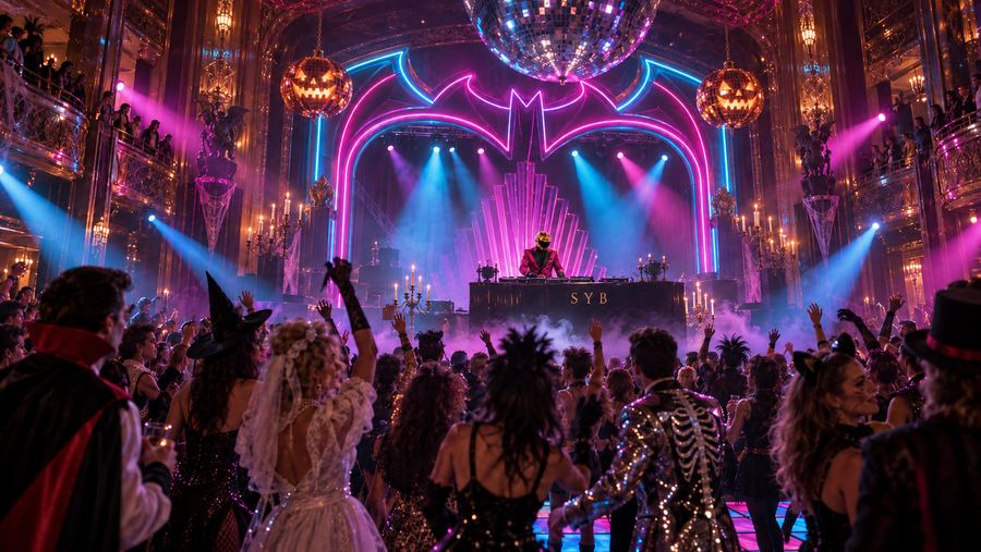 The Neon Fright '85 ballroom, a neon bat arch, a mirror ball and jack-o'-lantern globes.