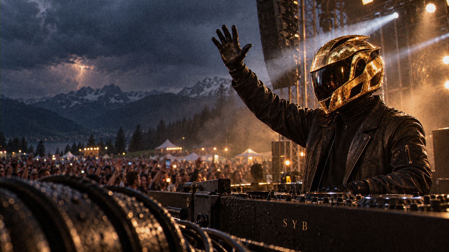 SYB waving from the decks at a mountain festival in the rain, a storm over the peaks and a crowd stretching back to the tents.