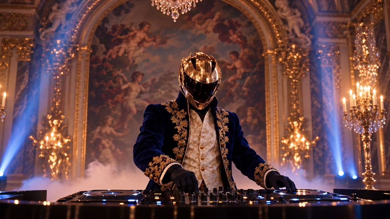 SYB at the decks, a masked DJ in a gold mirror-tile helmet, live